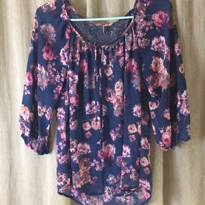 Heart and Soul  Blue Lace Blouse with Pink Flowers